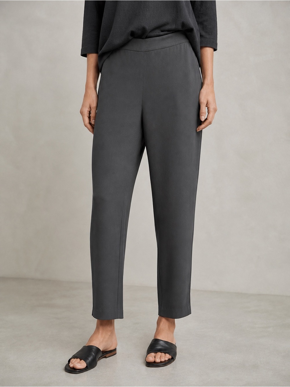 Eileen Fisher Gray Pull-On Ankle Pants Textured Knit Side Zip Waist Size L